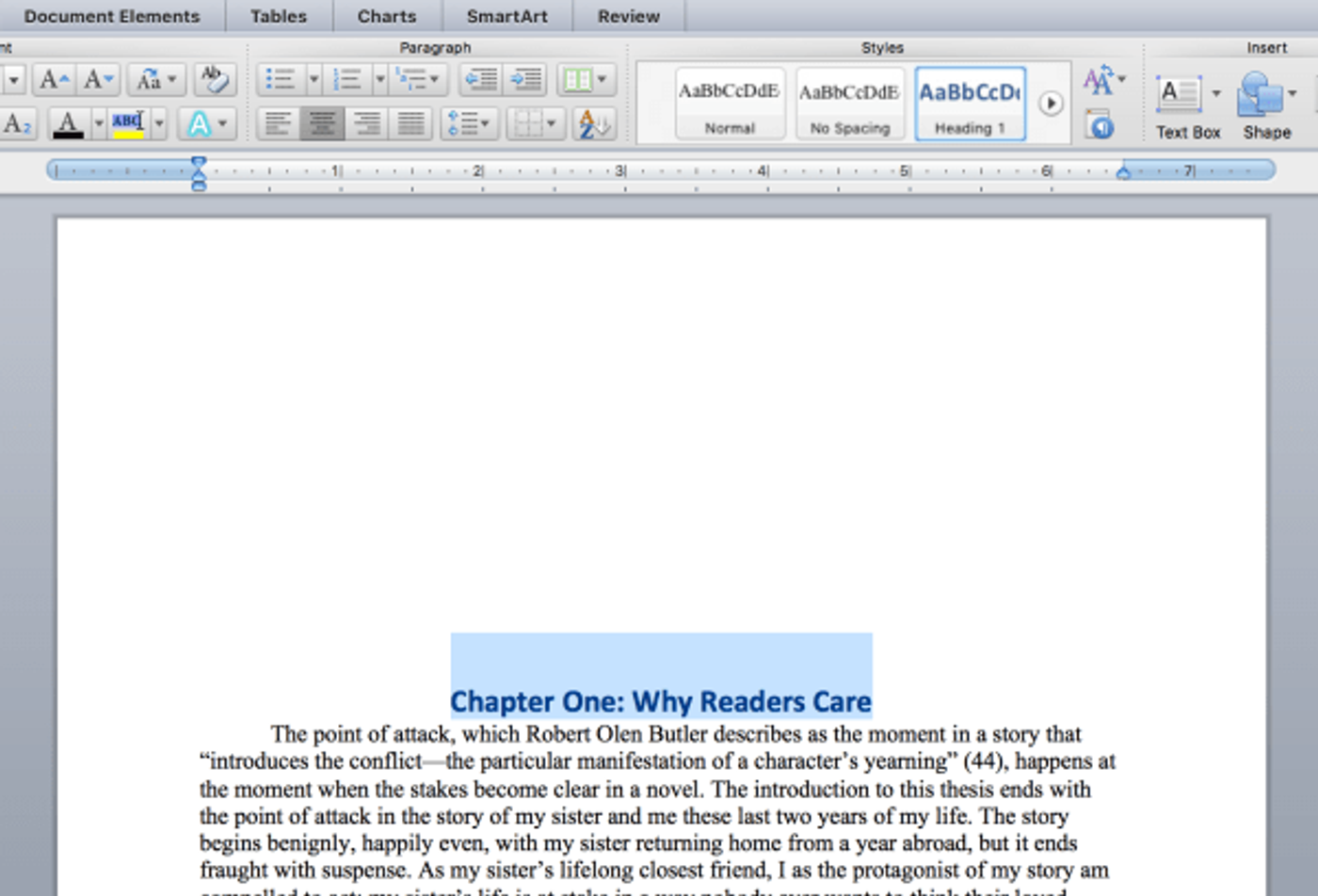 Chapter title line highlighted in a Word manuscript