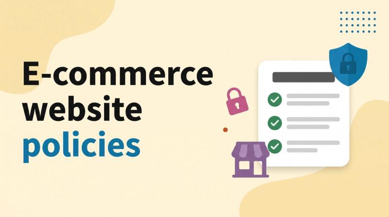 Illustrated title card reading 'E-commerce website policies' beside a document with a shield icon, checkmarks and a storefront