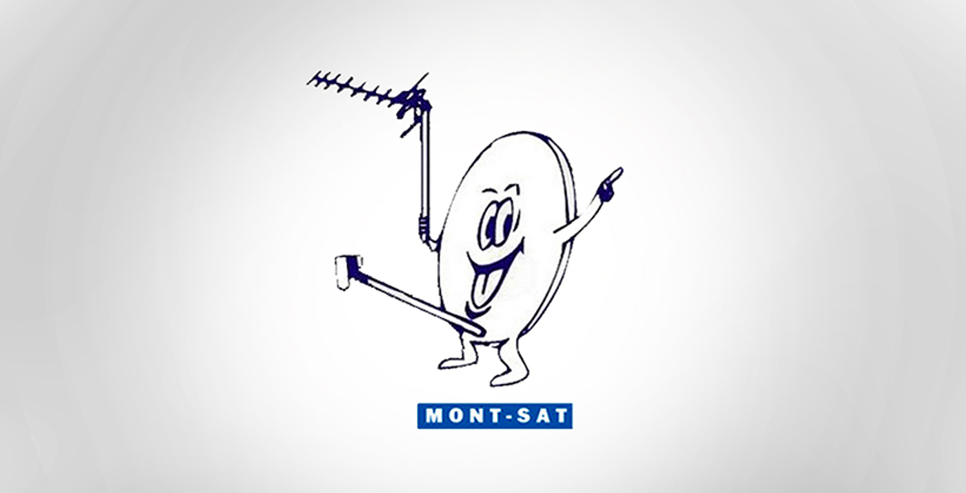 Mont-Sat logo: a cartoon satellite dish character with an antenna and legs