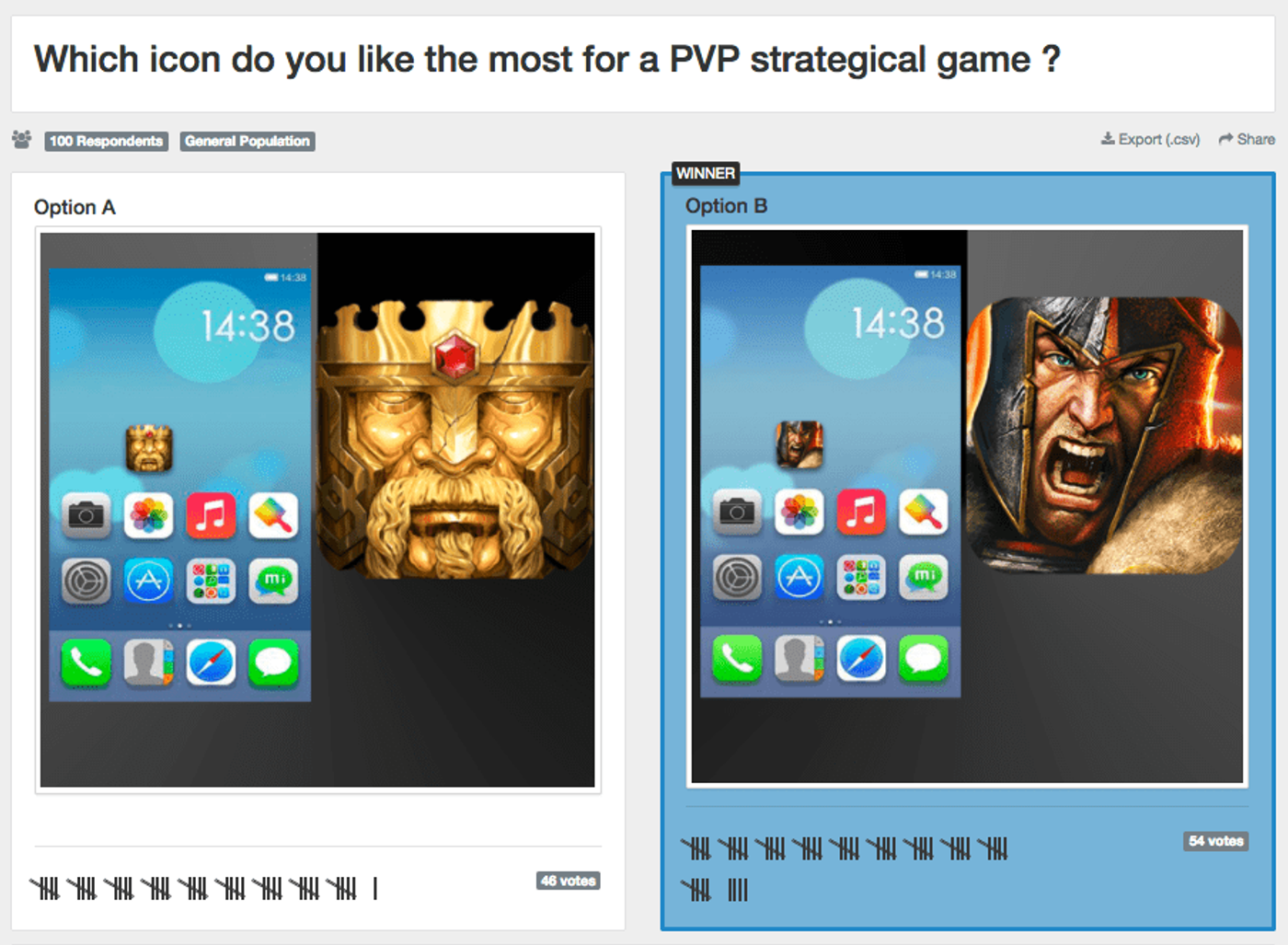 PickFu poll comparing two app icon options for a PVP strategy game, shown on phone home screens