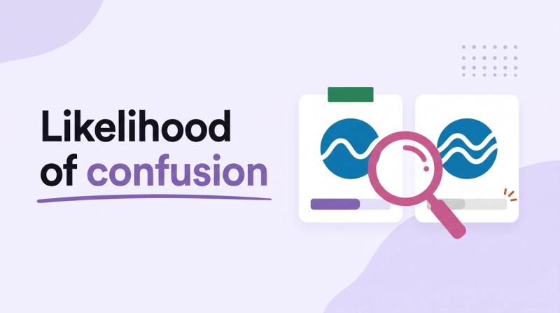 Illustrated title card reading 'Likelihood of confusion' beside two nearly identical logo marks with a magnifying glass and vote bars