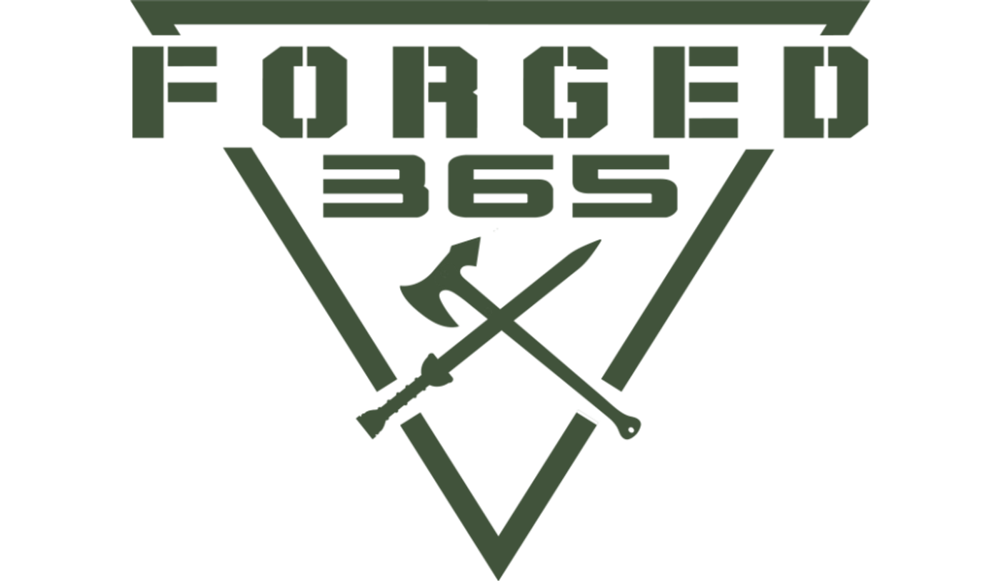 Forged 365 logo: a dark green shield with crossed swords and hammer
