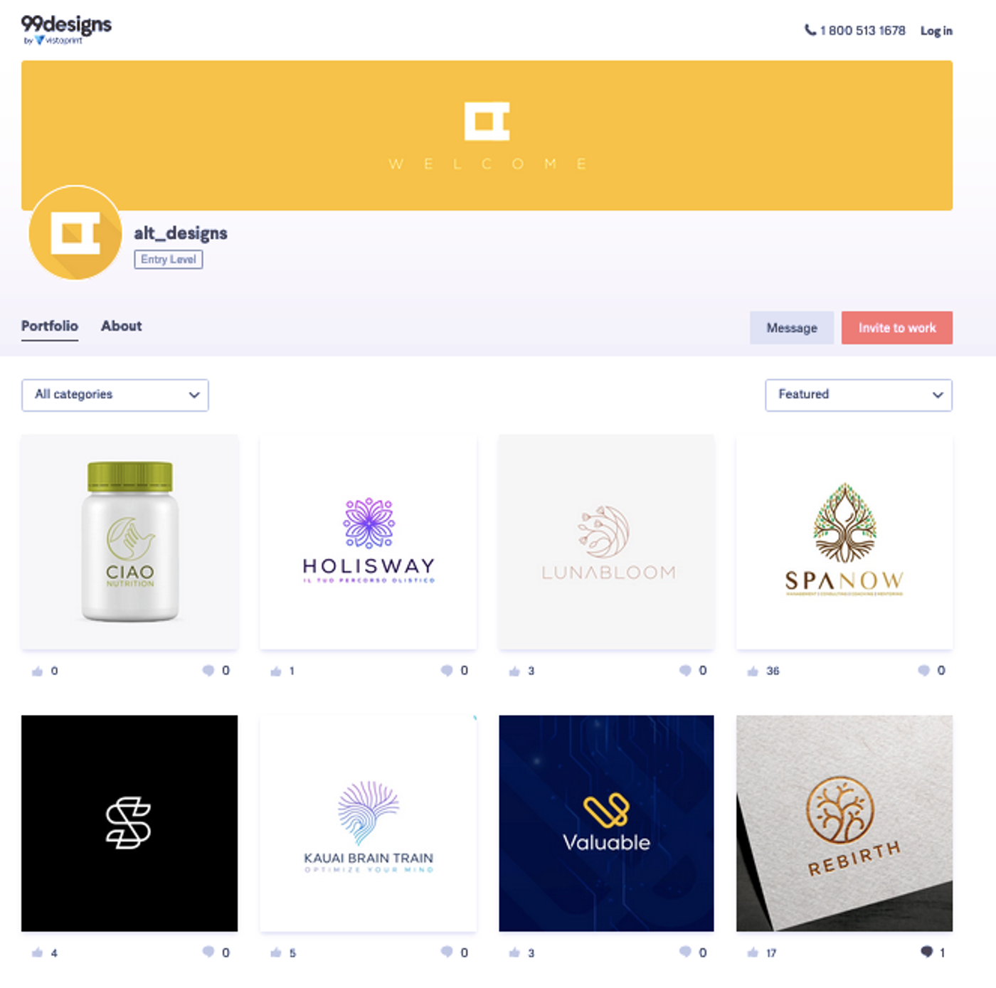 A 99designs designer profile page showing logo samples
