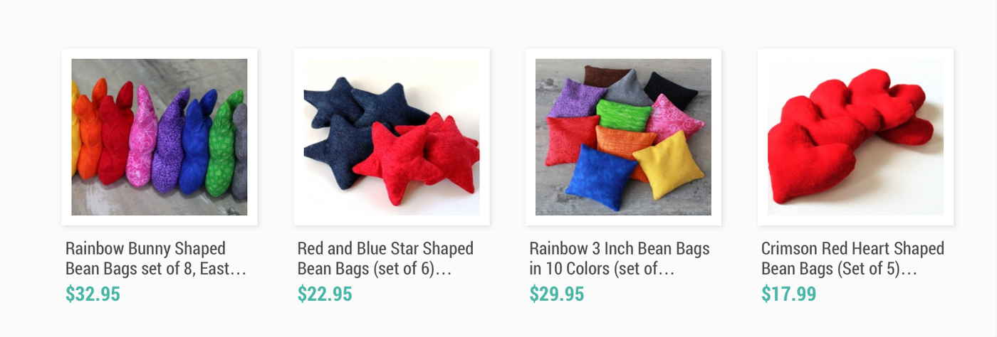 An aftcra listing showing colorful, handmade bean bags for sale. 