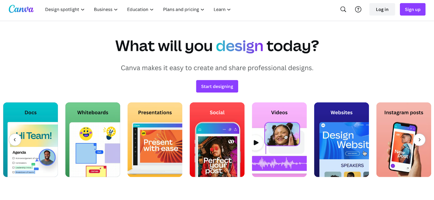 Canva, screenshot above the fold desktop website. 