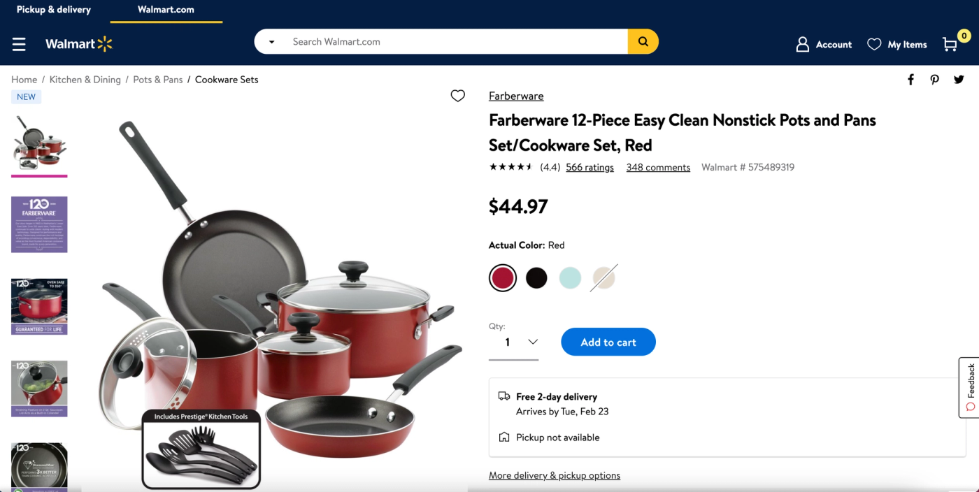 How to drive traffic to your Walmart listing: example of a Walmart listing for cookware