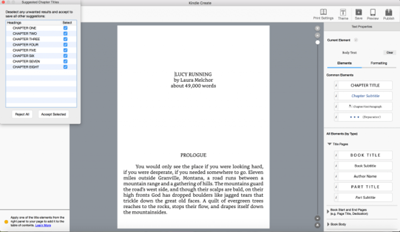 Kindle Create manuscript view for Lucy Running