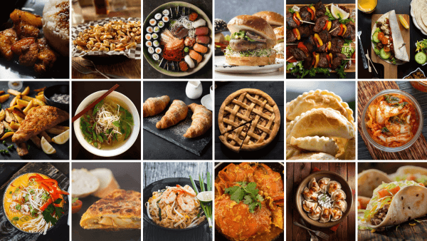 A mosaic of different food for different cultures, to showcase how people eat differently based off their geo and beliefs.