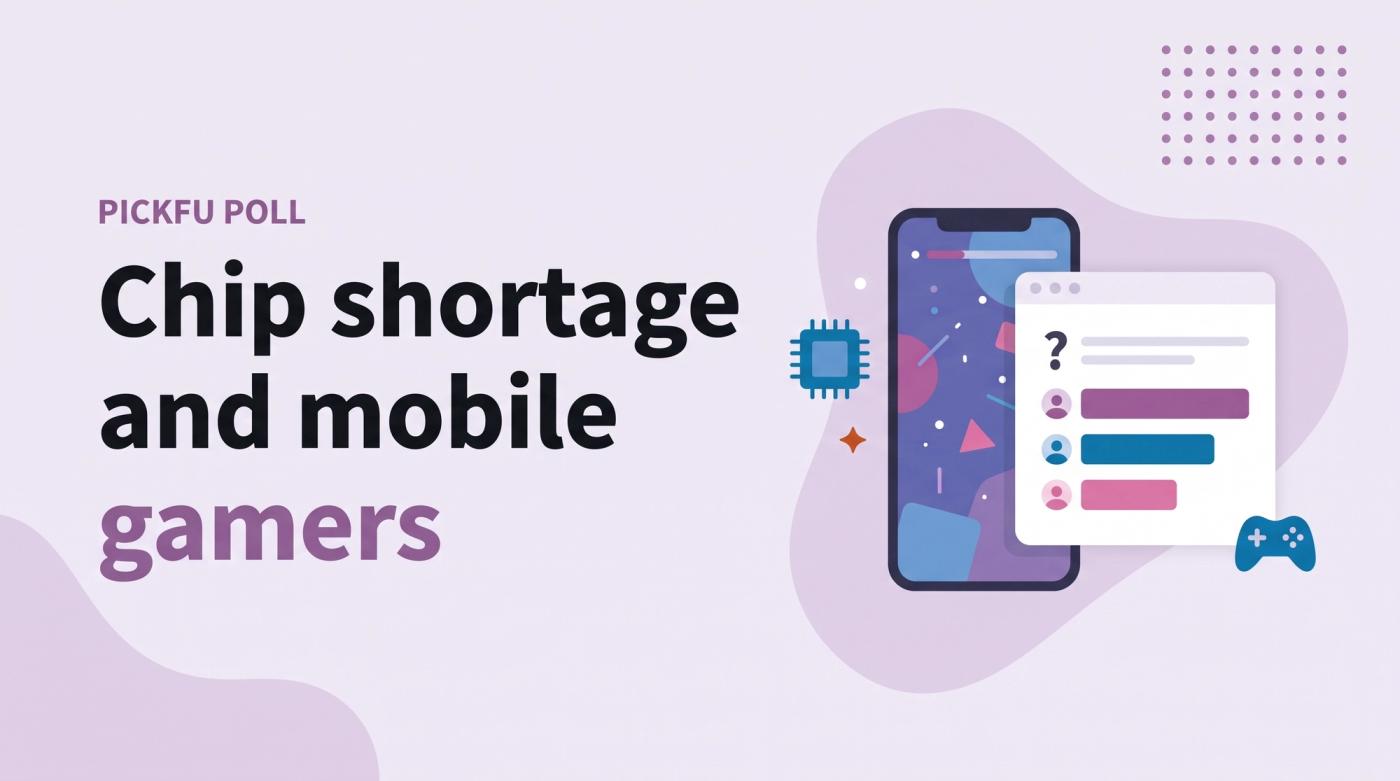 Illustrated title card labeled 'PickFu poll' reading 'Chip shortage and mobile gamers' beside a phone with a chip icon, poll result bars and a game controller
