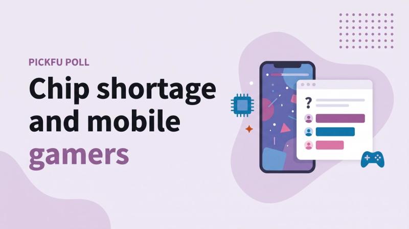 Illustrated title card labeled 'PickFu poll' reading 'Chip shortage and mobile gamers' beside a phone with a chip icon, poll result bars and a game controller