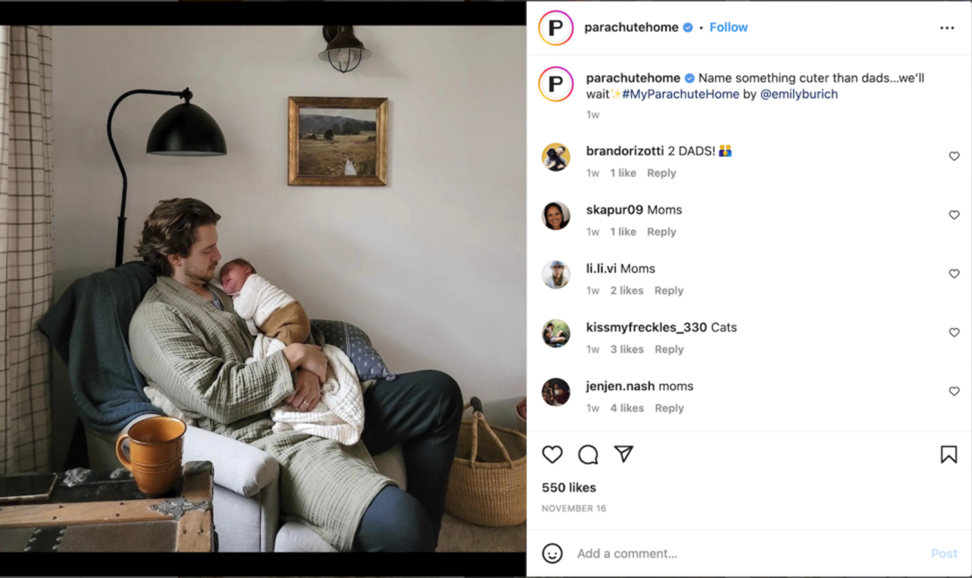 Parachute Home Instagram post of a man holding a baby, with follower comments