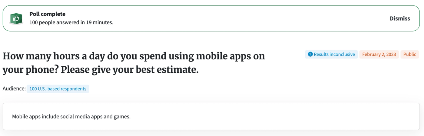 Screenshot of PickFu poll asking how many hours people spend using mobile apps