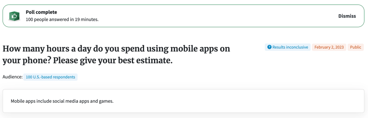 Screenshot of PickFu poll asking how many hours people spend using mobile apps