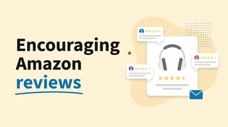 Illustrated title card reading 'Encouraging Amazon reviews' beside a product card with star rows and floating review speech bubbles