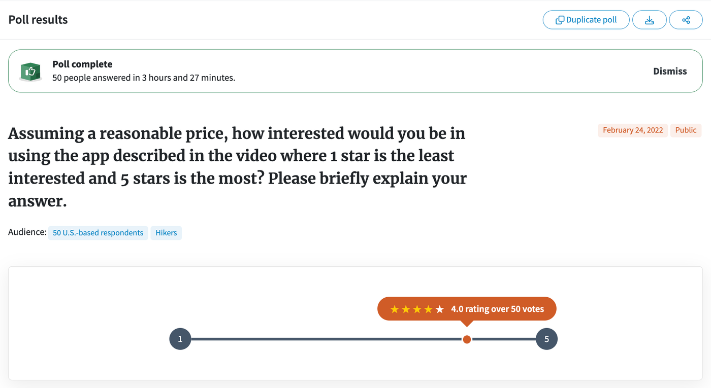 How to sell app ideas: Screenshot of an Open-Ended poll asking about a hiking-themed mobile app