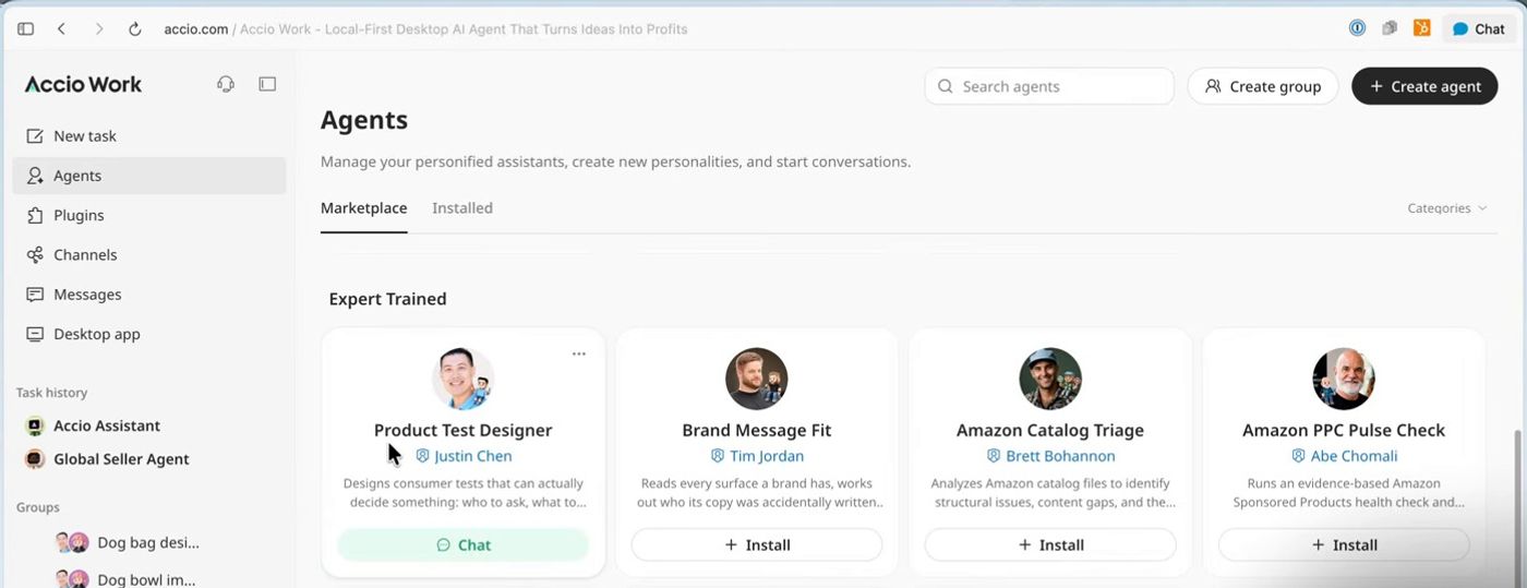 Product Test Designer agent card in Accio Work's Expert Trained agent marketplace