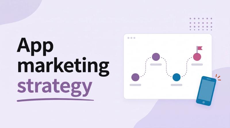 Illustrated title card reading 'App marketing strategy' beside an app window showing a roadmap of connected steps and a phone