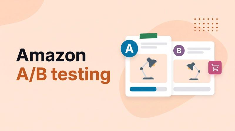 Illustrated title card reading 'Amazon A/B testing' beside two listing cards labeled A and B with vote bars
