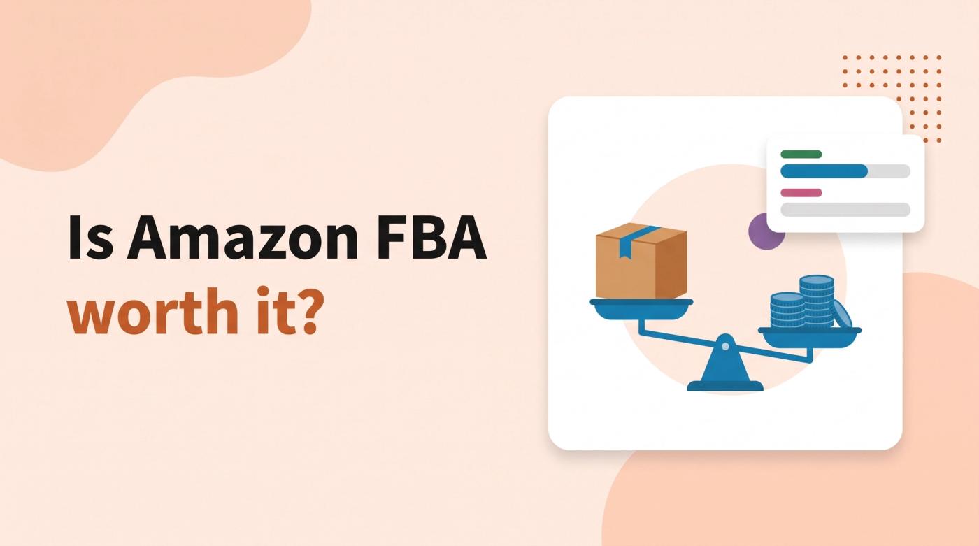 Illustrated title card reading 'Is Amazon FBA worth it?' beside a balance scale weighing a shipping box against a stack of coins