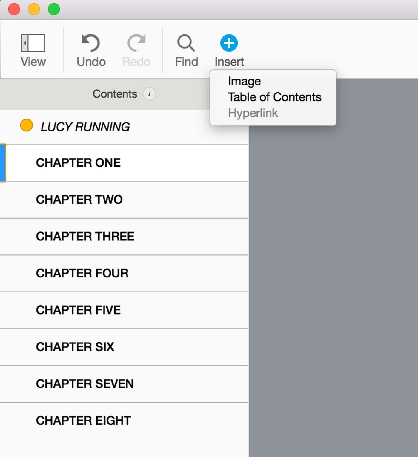 Kindle Create Insert menu with Table of Contents