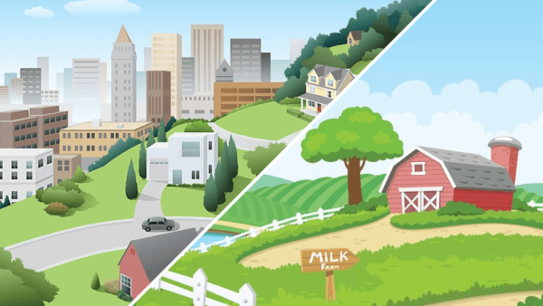 Image of an urban and city environment, showing the juxtapose idea of where people live affects their thinking.