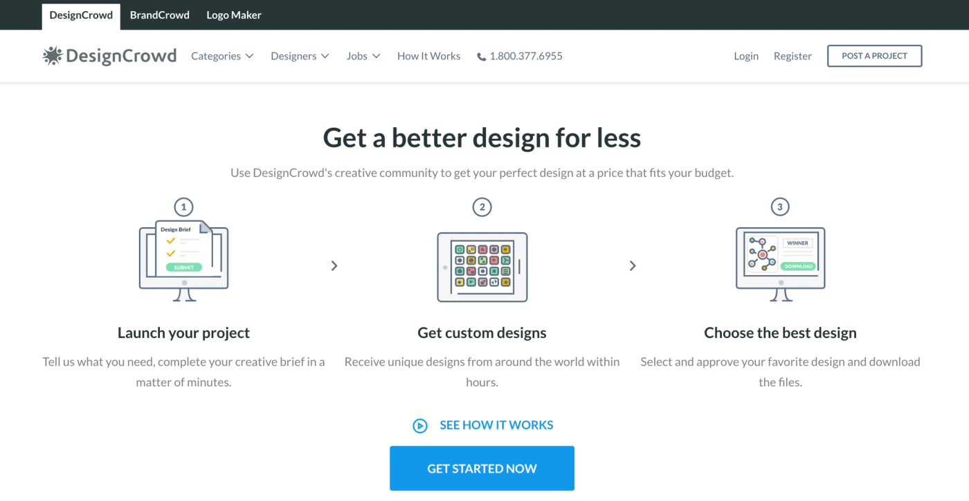 Screenshot of DesignCrowd, a 99designs alternative
