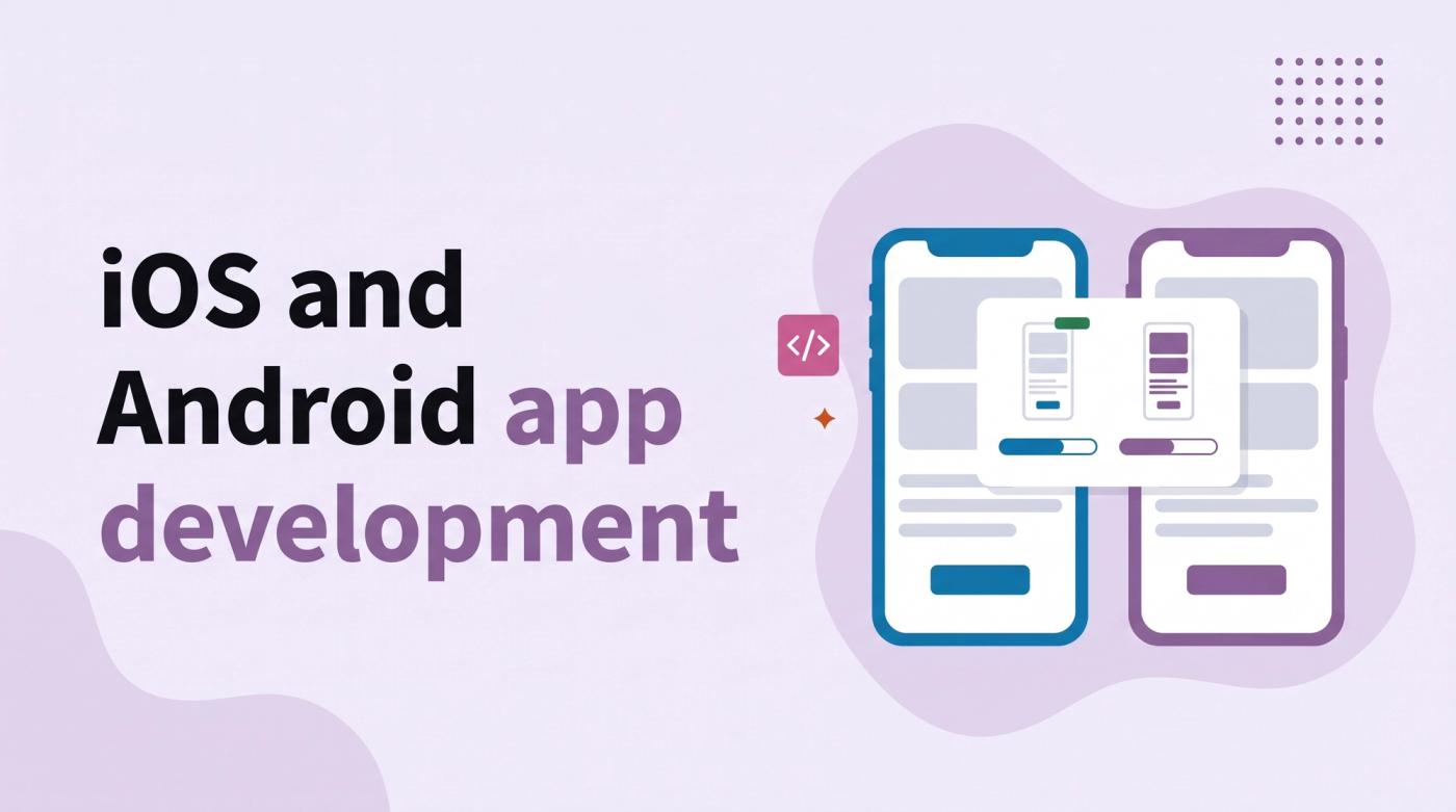 Illustrated title card reading 'iOS and Android app development' beside two phones with simple app screens and a small poll card