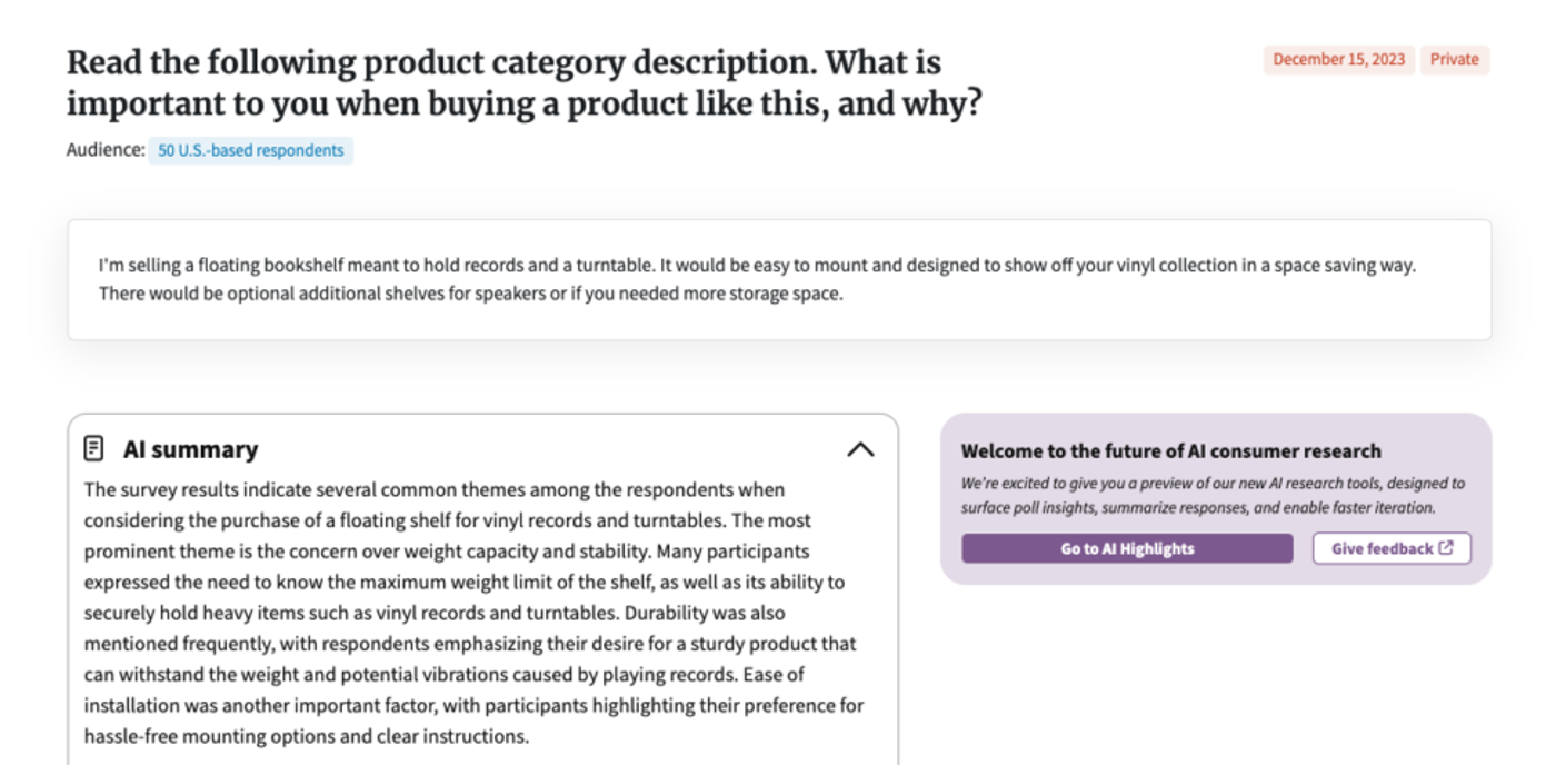 Screenshot of AI summary of turntable poll by PickFu
