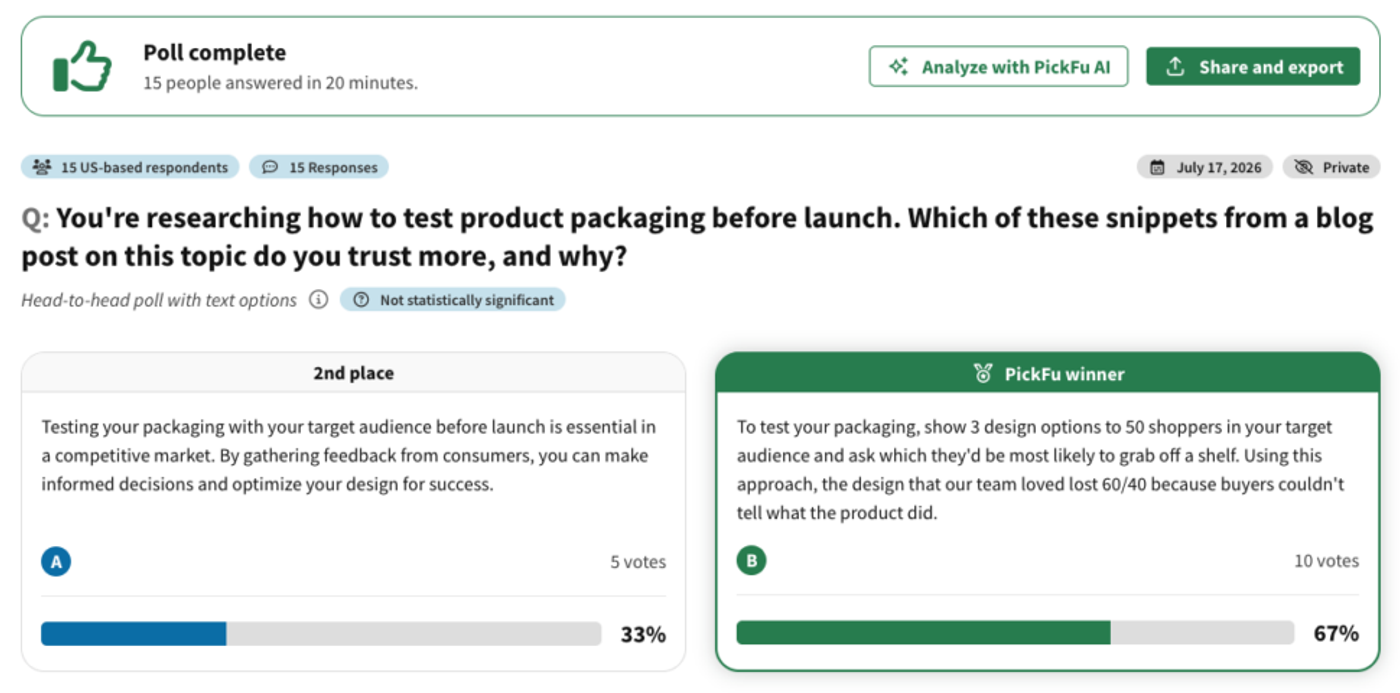 You're researching how to test product packaging before launch. Which of these snippets from a blog post on this topic do you trust more, and why