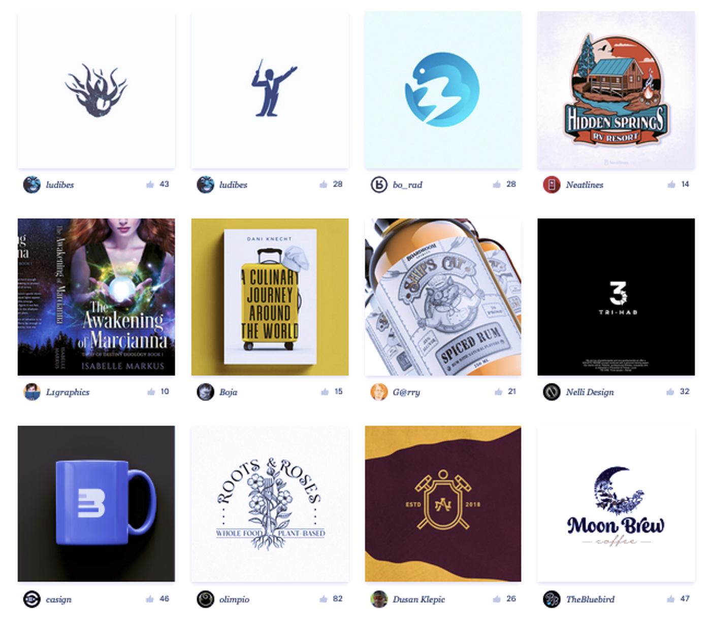 Grid of 99designs portfolio logos and product designs