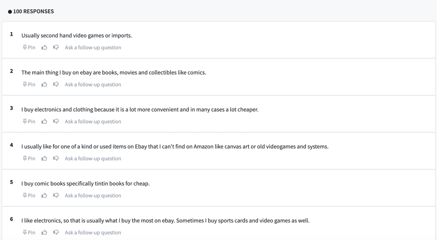 comments from PickFu poll asking 100 eBay shoppers what they shop for and buy on eBay