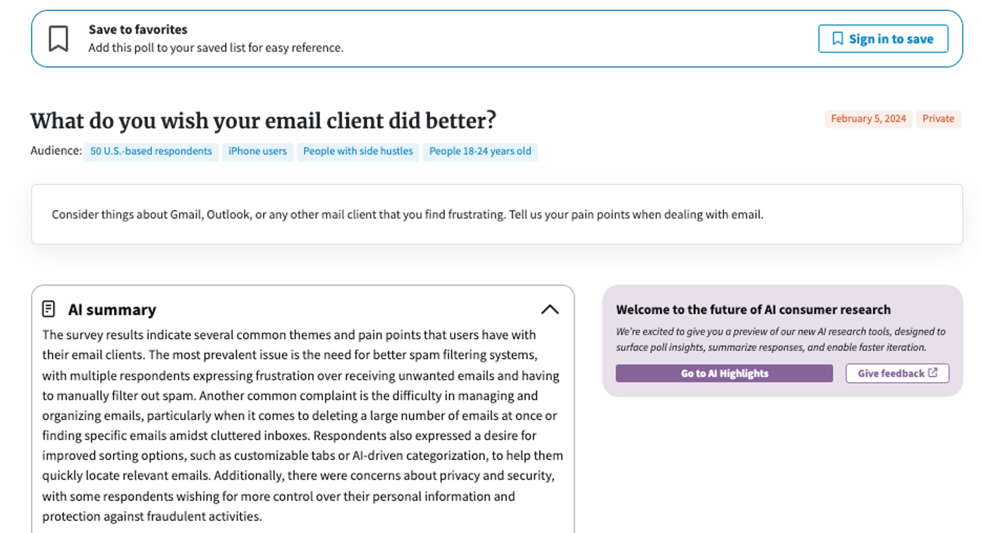 What do you wish your email client did better? Screenshot from PickFu