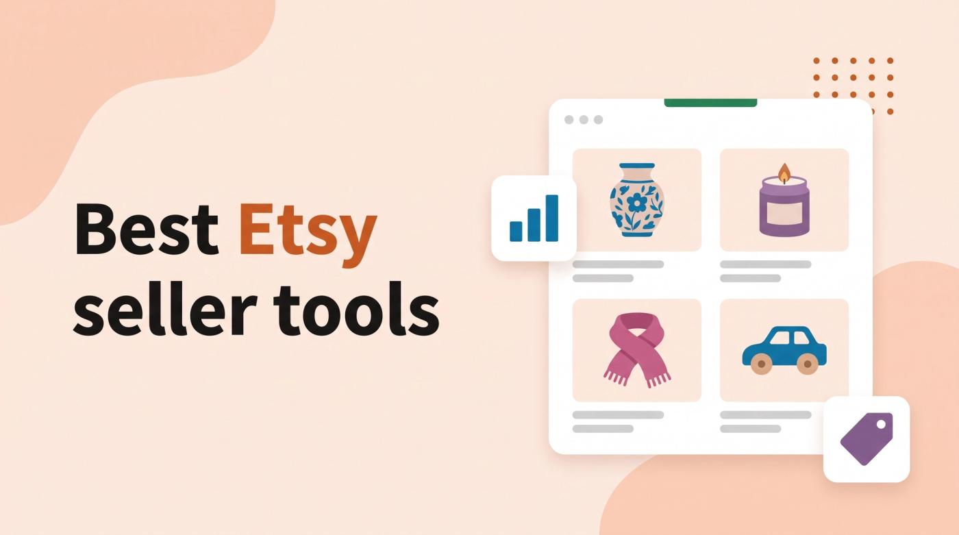 Illustrated title card reading 'Best Etsy seller tools' beside handmade product tiles and tool icons
