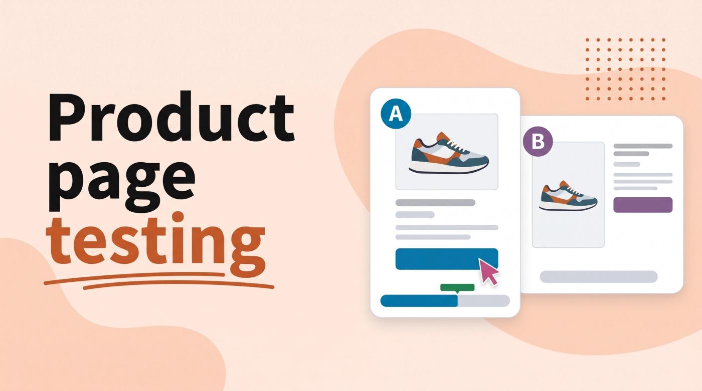 Illustrated title card reading 'Product page testing' beside two product page wireframes labeled A and B with vote bars and a cursor