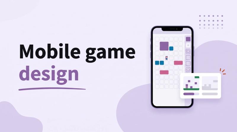 Illustrated title card reading 'Mobile game design' beside a phone showing a level-editor grid and a small poll card