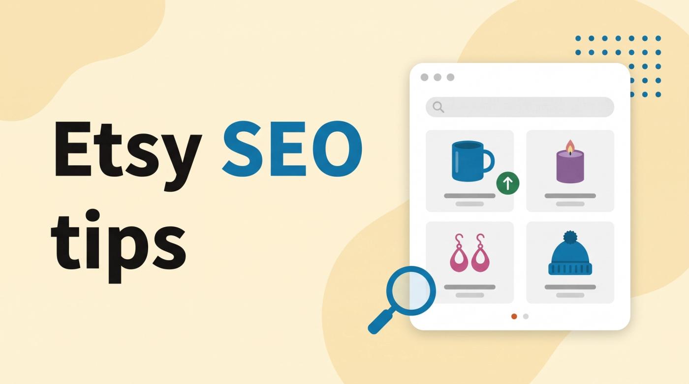 Illustrated title card reading 'Etsy SEO tips' beside a search window with handmade product tiles, a magnifying glass and a rising arrow