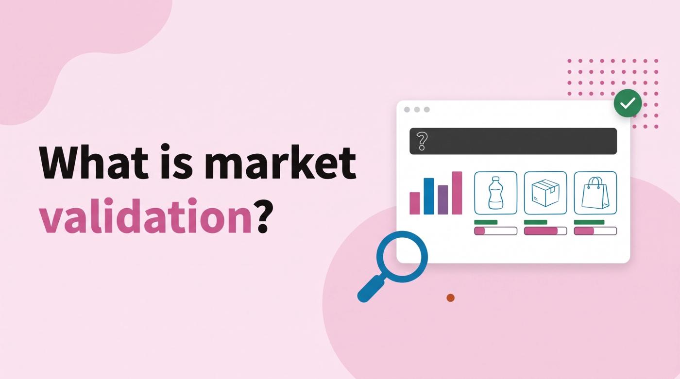 Illustrated title card reading 'What is market validation?' beside a survey window with a checkmark badge, a bar chart and a magnifying glass