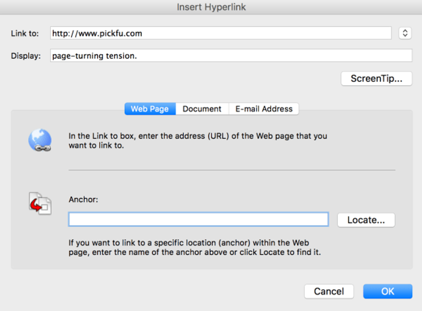 Microsoft Word Insert Hyperlink dialog
