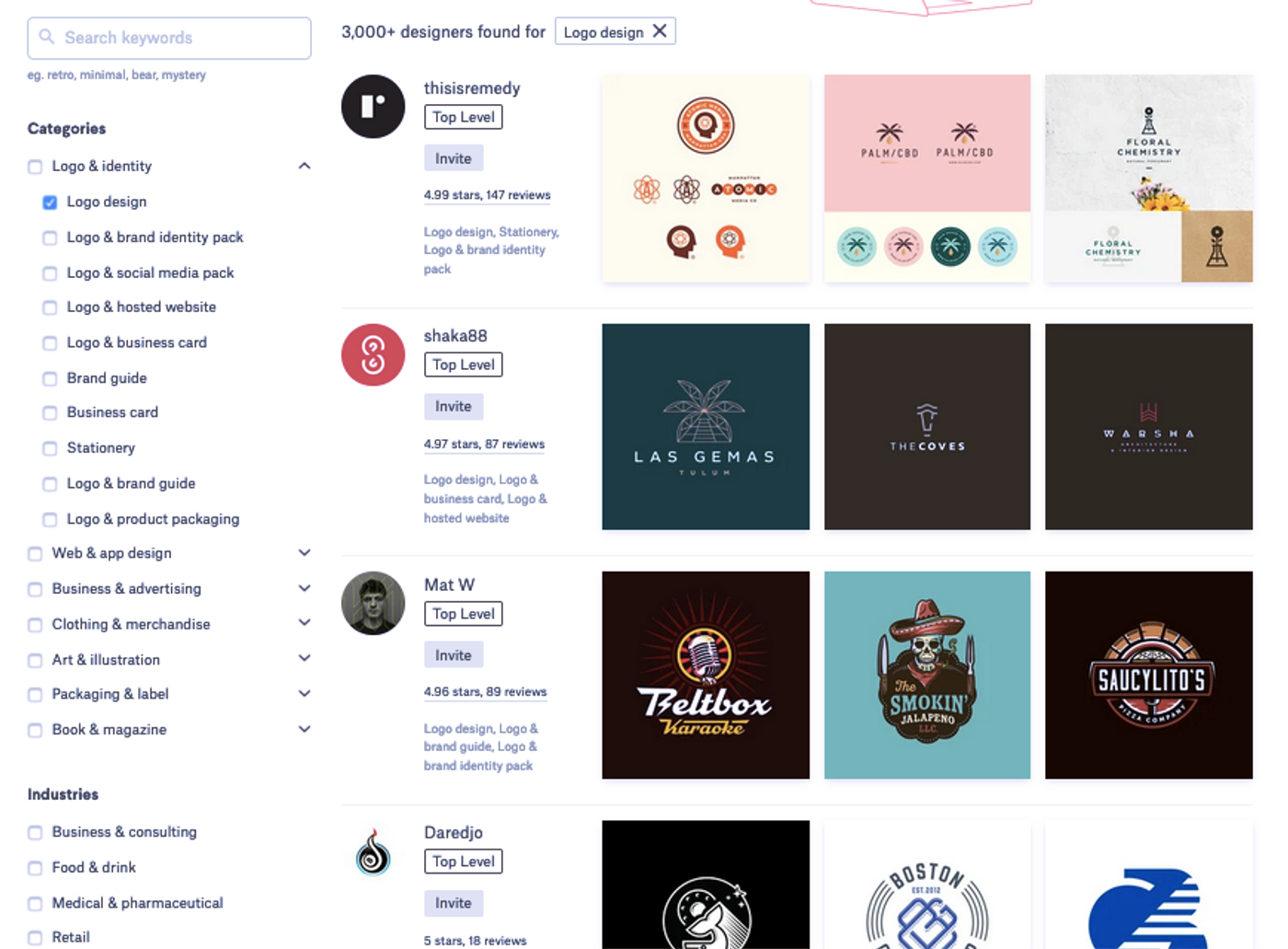 99designs designer search results filtered by logo design, with sample logos