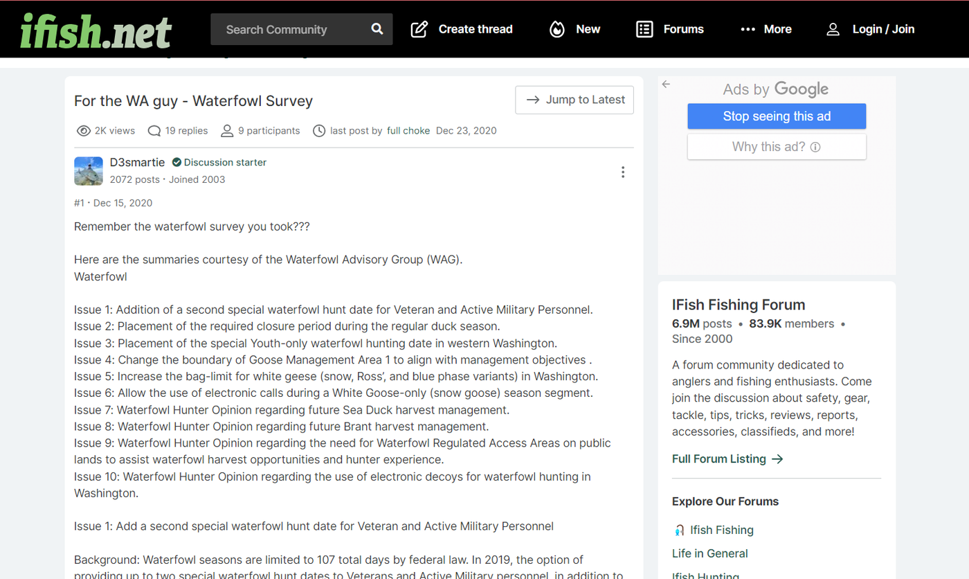 Ifish.net survey about waterfowl.