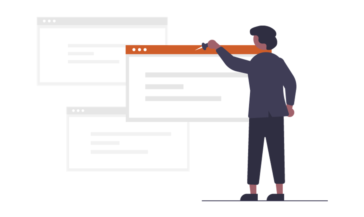 Illustration of a person arranging browser windows with an orange header