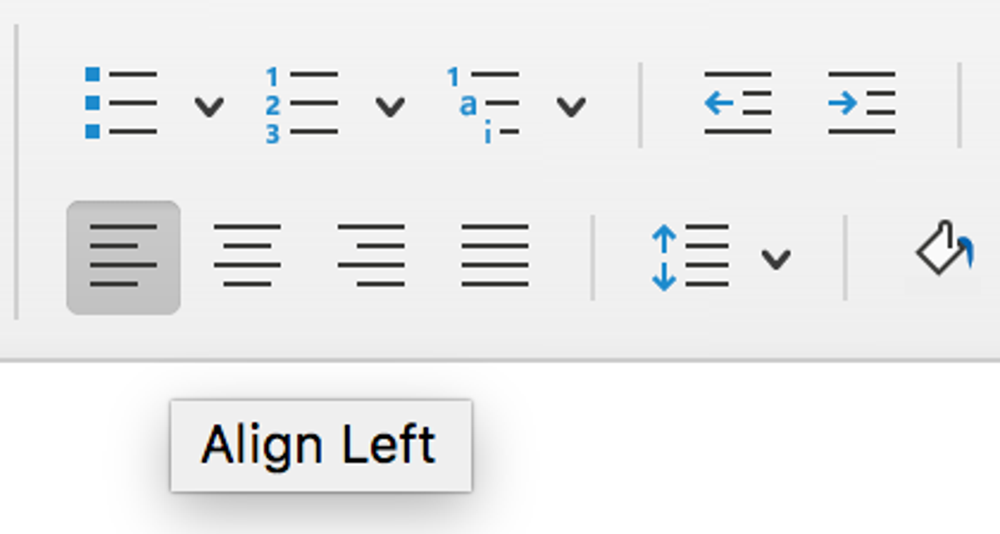 Microsoft Word paragraph alignment buttons with Align Left highlighted
