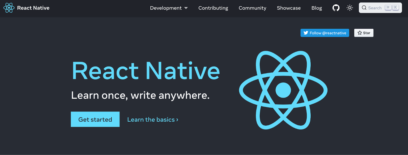 Screenshot of React native website, desktop