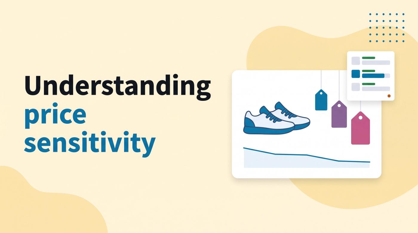 Illustrated title card reading 'Understanding price sensitivity' beside a product card with three price tags, a sloping chart and a poll card