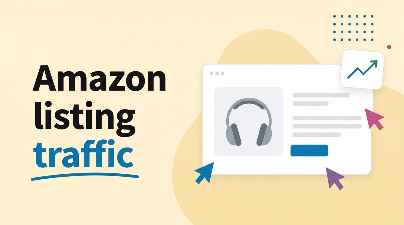 Illustrated title card reading 'Amazon listing traffic' beside a product listing window with a rising line chart and cursor arrows