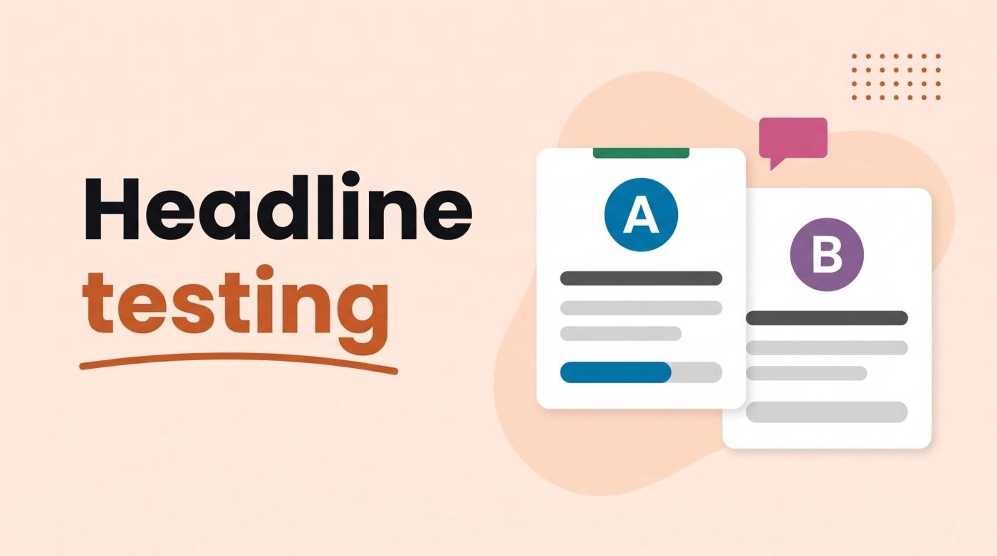 Illustrated title card reading 'Headline testing' beside two A and B cards with bold headline bars and vote bars
