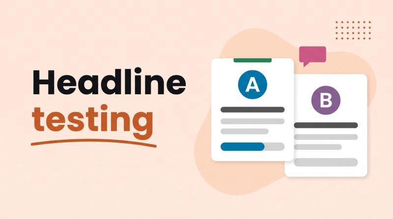 Illustrated title card reading 'Headline testing' beside two A and B cards with bold headline bars and vote bars