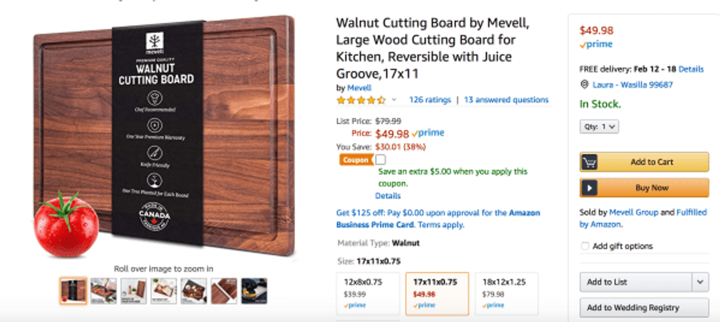 Amazon listing for a walnut cutting board with a tomato on it