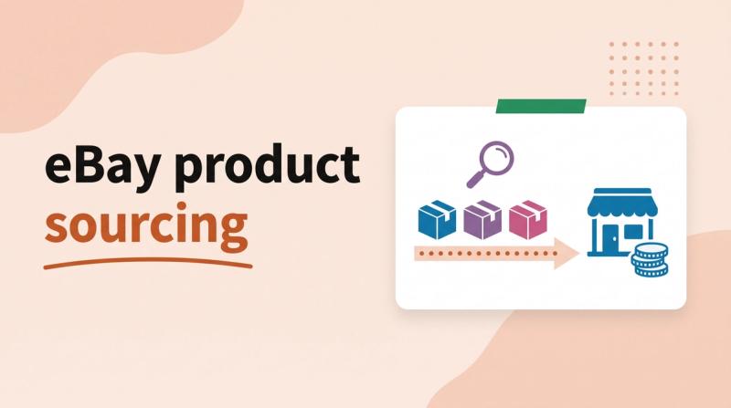 Illustrated title card reading 'eBay product sourcing' beside boxes flowing along an arrow into a storefront, with a magnifying glass and coins