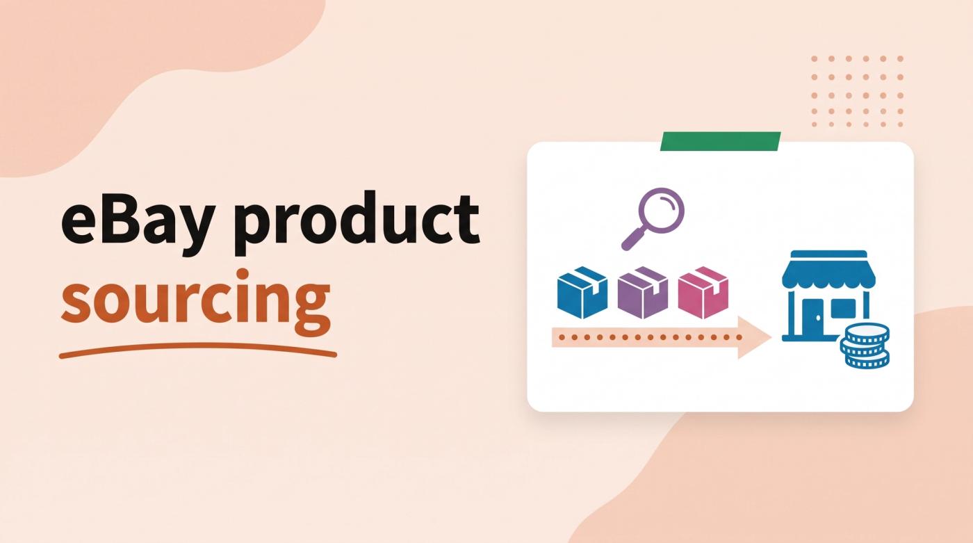 Illustrated title card reading 'eBay product sourcing' beside boxes flowing along an arrow into a storefront, with a magnifying glass and coins